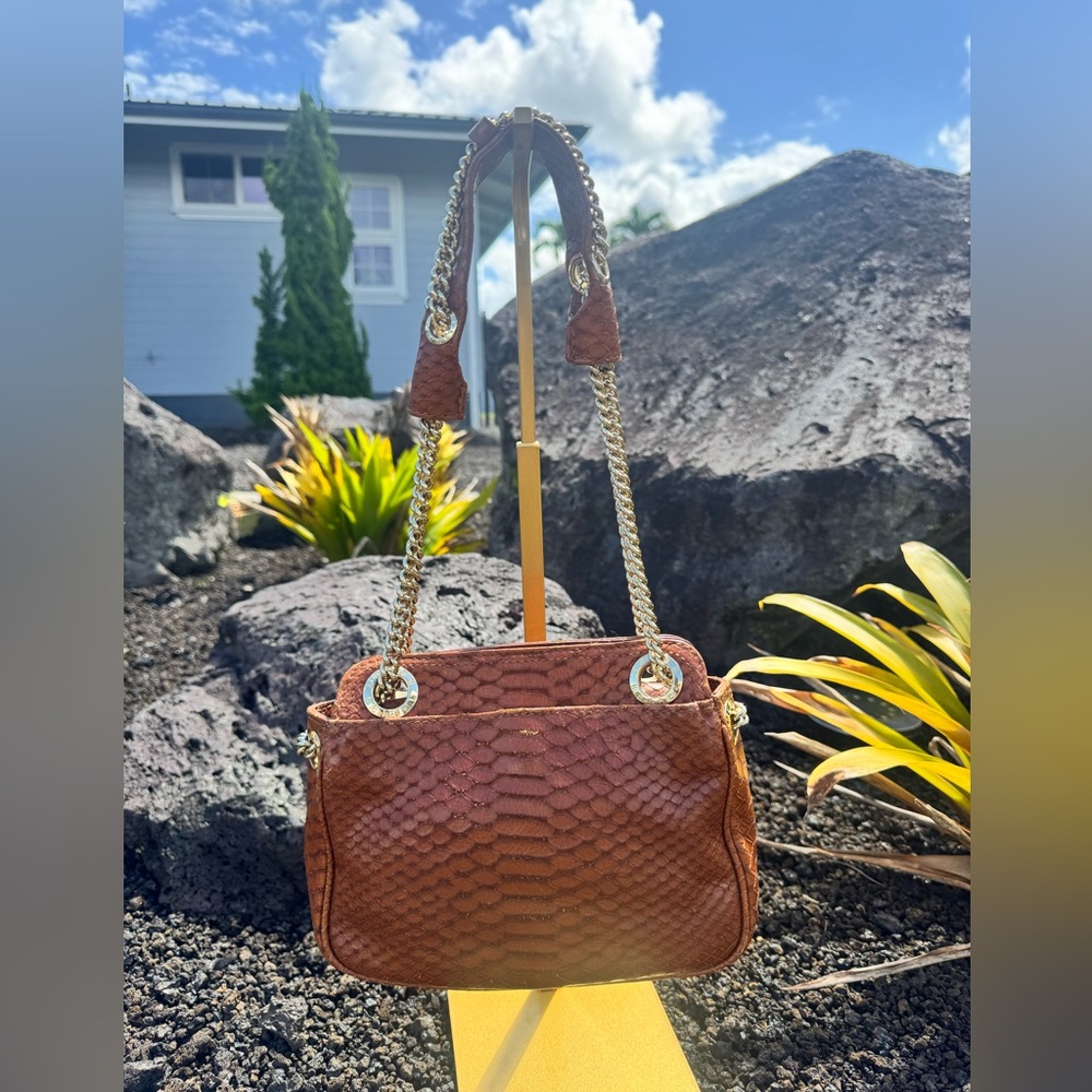 Henri Bendel Brown Snake-Embossed Leather Chain Shoulder Bag